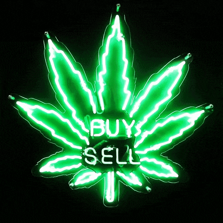 Neon BUY SELL sign with Cannabis leaf
